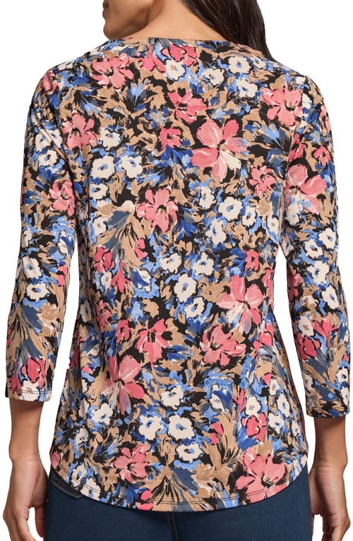 Jones New York Floral Print Three-quarter Sleeve Crepe Top In Jones Black Multi
