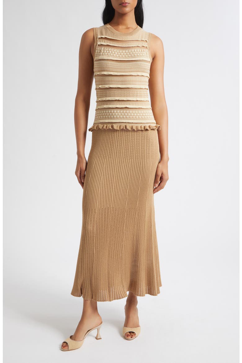 Annie Ruffle Sleeveless Midi Dress, Main, color, CAMEL/ IVORY COMBO
