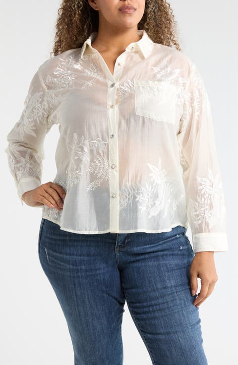 Embroidered Button-Up Shirt (Plus)