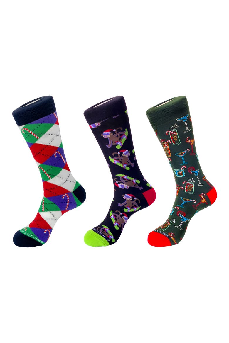 3-Pack Holiday Crew Socks, Main, color, BLACK GREEN WHITE