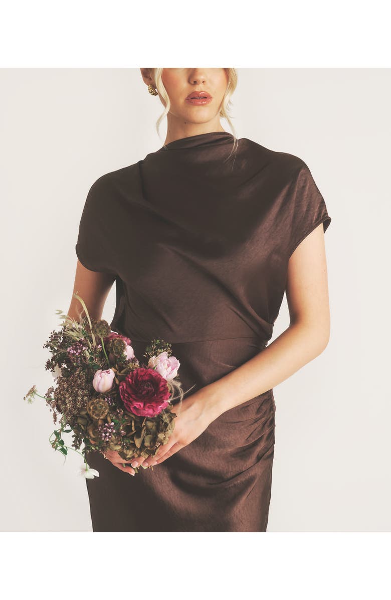 Six Stories Batwing High Neck Satin Bridesmaid Dress, Alternate, color, Chocolate