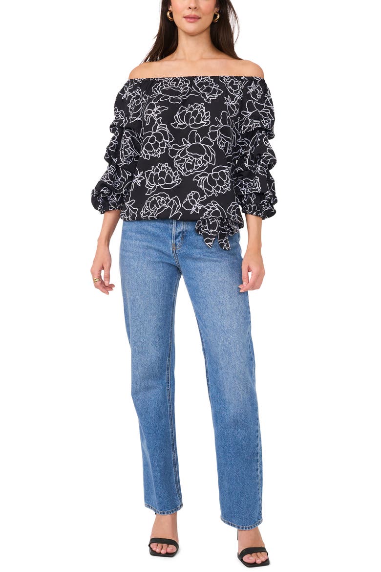 Floral Off the Shoulder Bubble Sleeve Top, Alternate, color, RICH BLACK