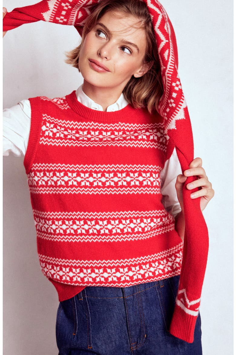 Edie Fair Isle Sweater Vest, Main, color, POPPY RED WARM IVORY