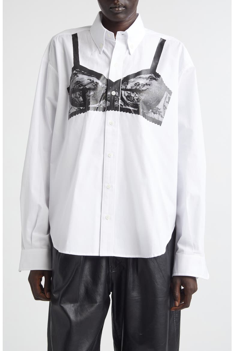 Trompe l'Oeil Bra Button-Down Shirt, Main, color, WHITE