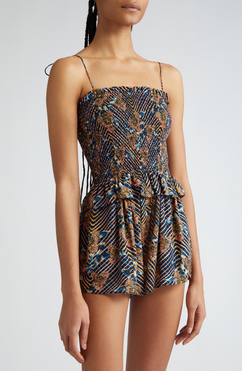 Ulla Johnson Alena Smocked Ruffle Tie Strap Romper, Alternate, color, 