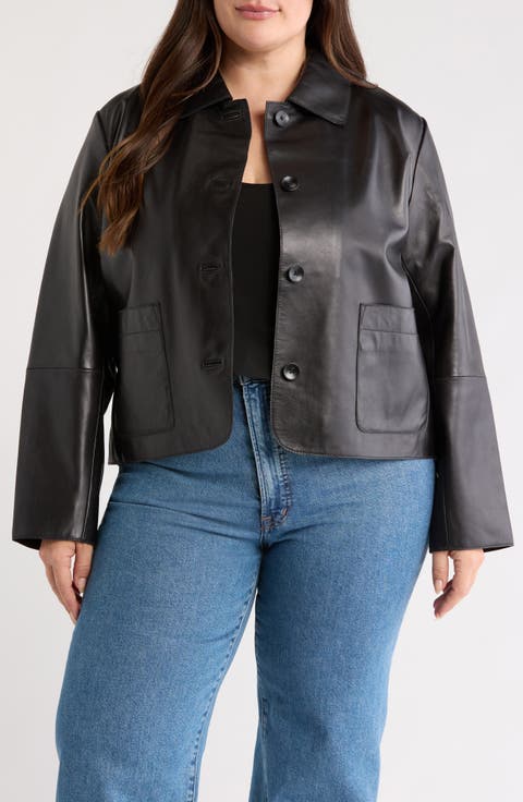 Patch Pocket Crop Leather Jacket (Plus)