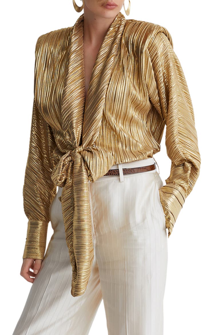 Glenn Metallic Plissé Tie Waist Top, Main, color, GOLD