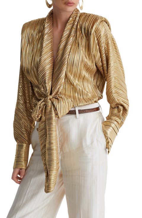 Glenn Metallic Plissé Tie Waist Top