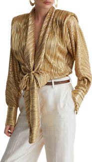 Reiss Glenn Metallic Plissé Tie Waist Top
