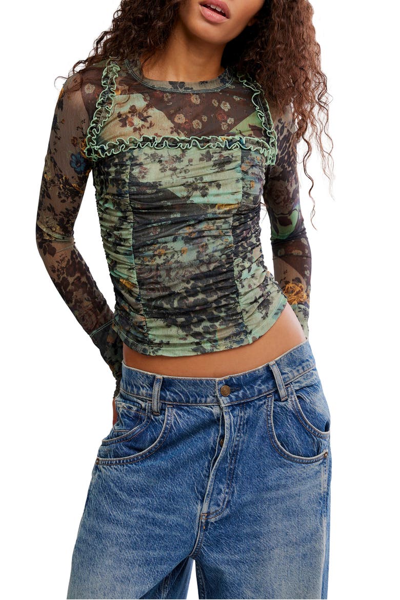 Ariana Printed Ruffle Shirred Mesh Shirt, Main, color, SAGE COMBO