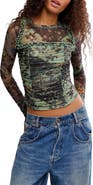 Free People Ariana Printed Ruffle Shirred Mesh Shirt