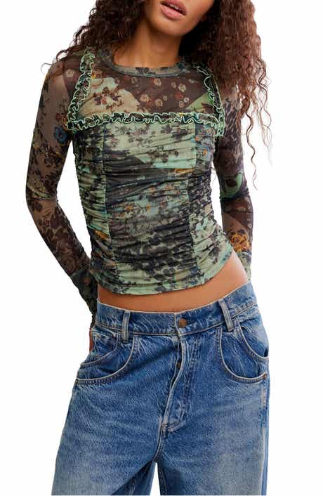 Ariana Printed Ruffle Shirred Mesh Shirt