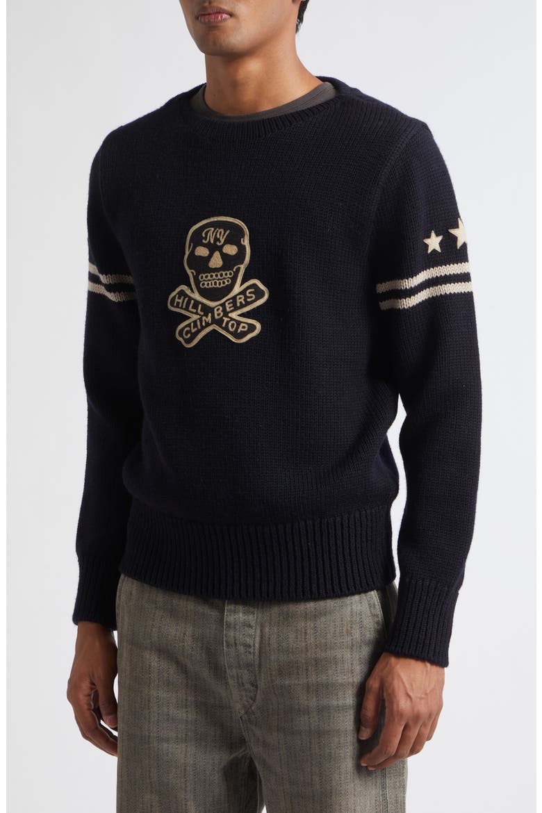 Hilltop Climbers Appliqué Wool Sweater, Alternate, color, DARK NAVY