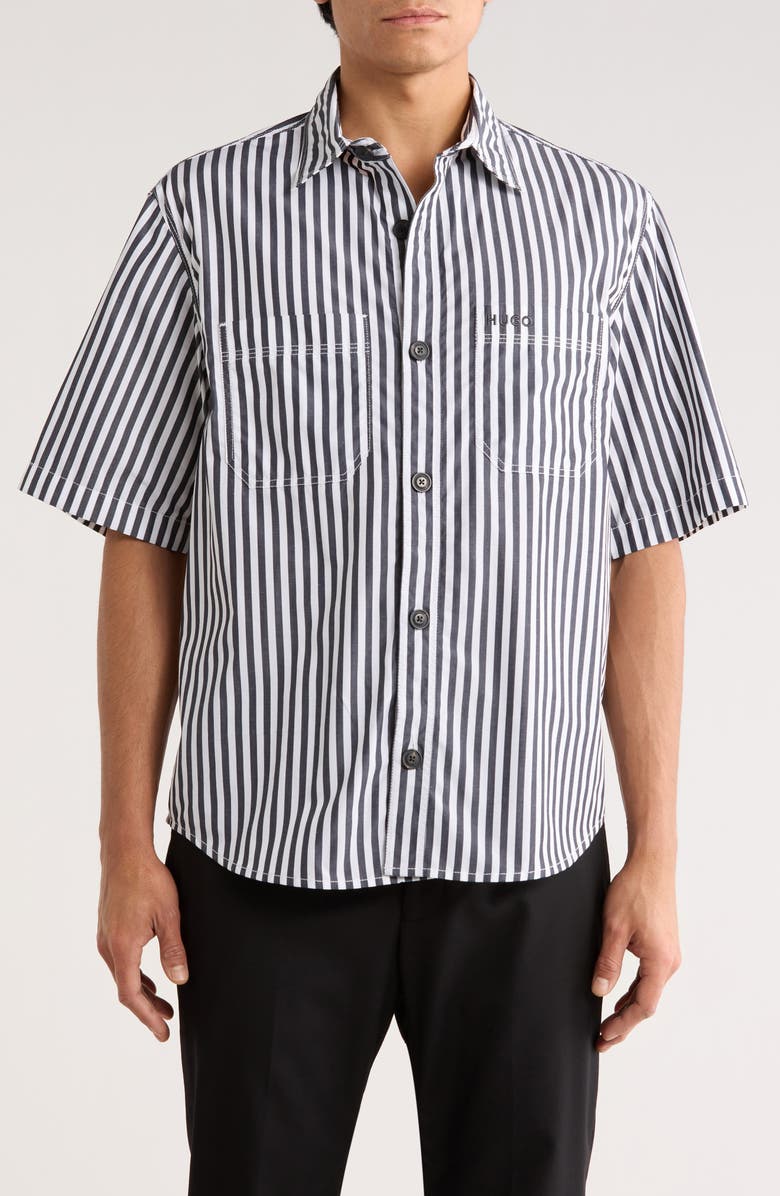 BOSS Eratino Stripe Short Sleeve Button-Up Shirt, Main, color, Dark Blue