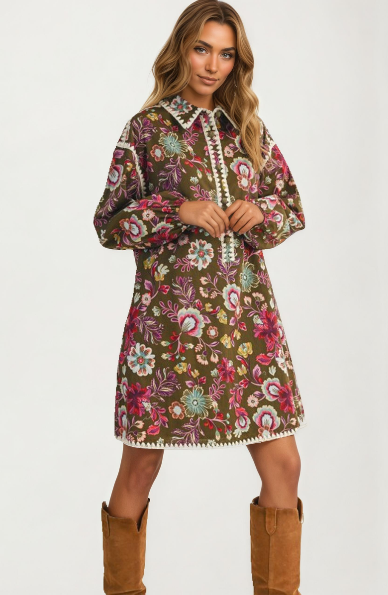 Knit and Lounge Floral Embroidered Long Sleeve Mini Dress, Alternate, color, 
