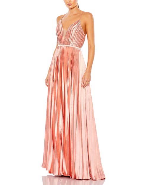 Mac Duggal Plunge Neck Pleated Evening Gown In Rose Gold