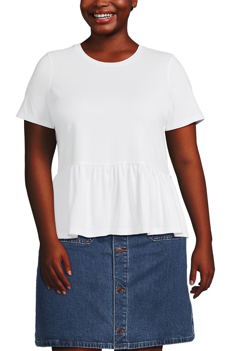 Plus Size Short Sleeve Lightweight Jersey Crew Neck Peplum Tee, Main, color, White