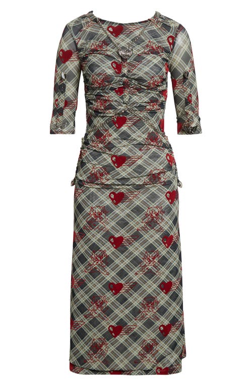 Chopova Lowena Sonicscape Bunny Plaid Flocked Mesh Dress In Multi