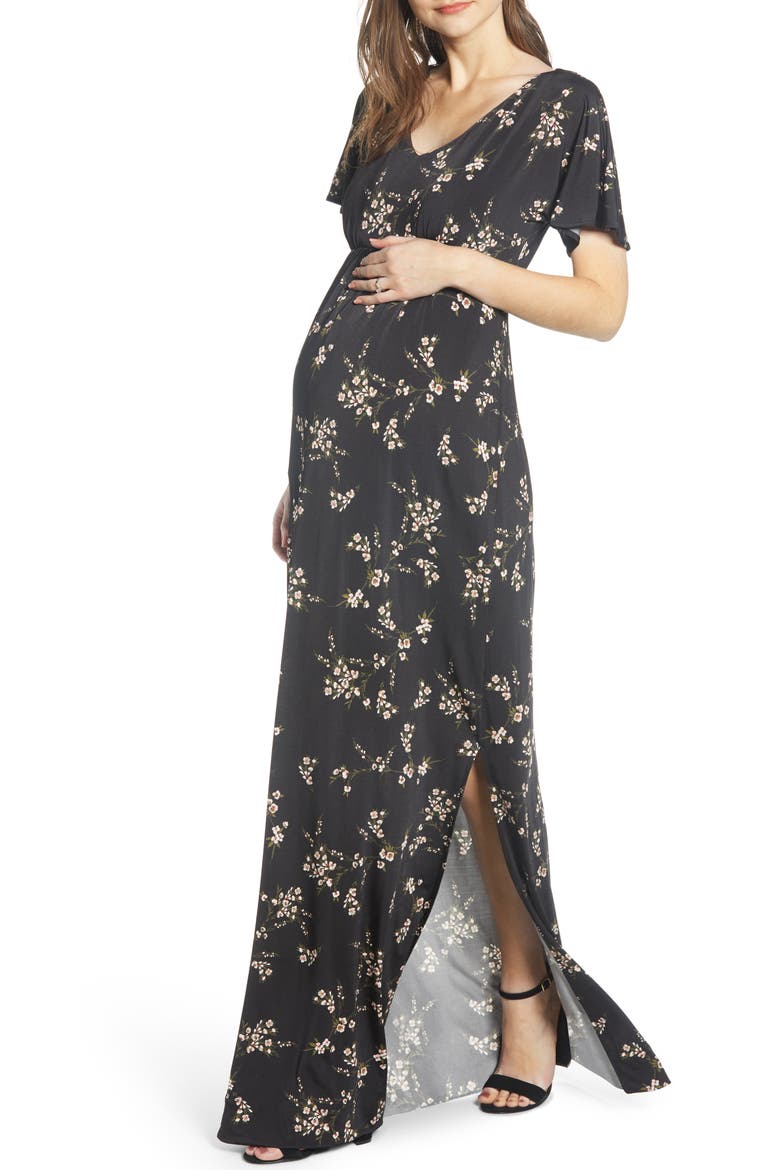 Floral Maternity Maxi Dress, Main, color, BLACK