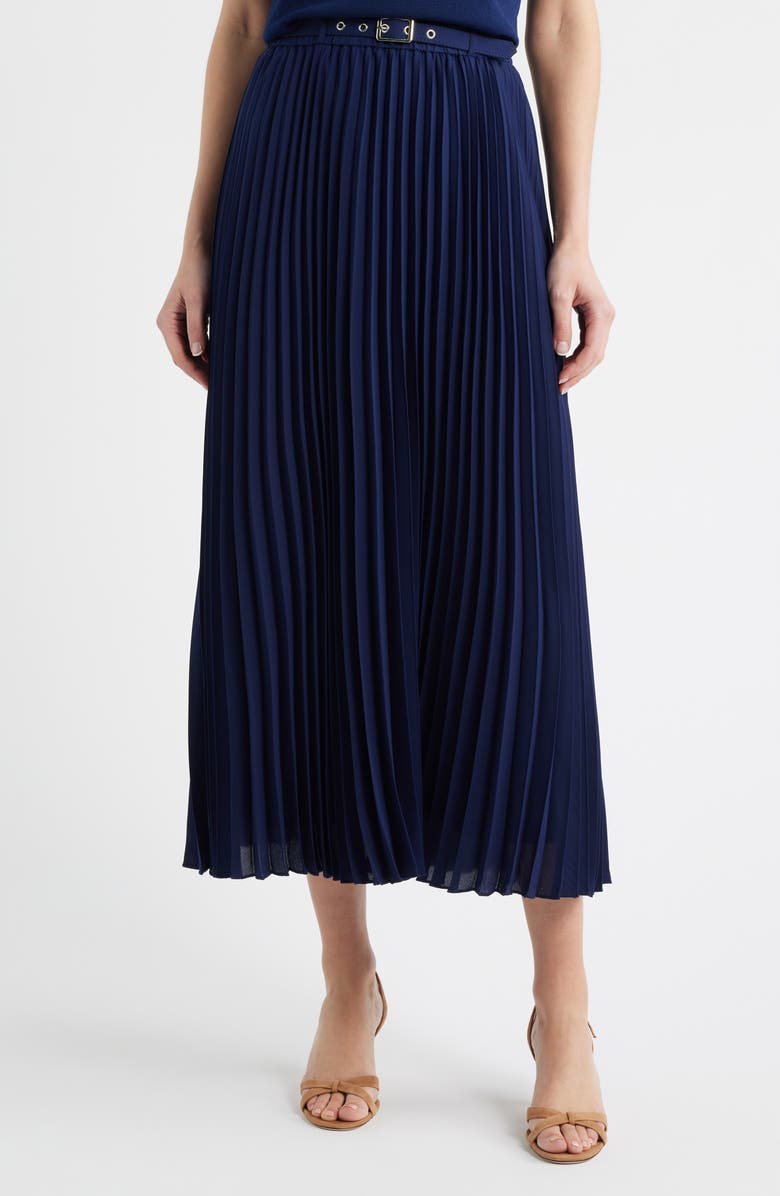 Anne Klein Belted Pleated Midi Skirt, Main, color, Distant Mountain