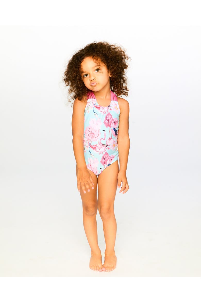 One-Piece Flamingo Swimsuit, Alternate, color, Blue Flamingo Print