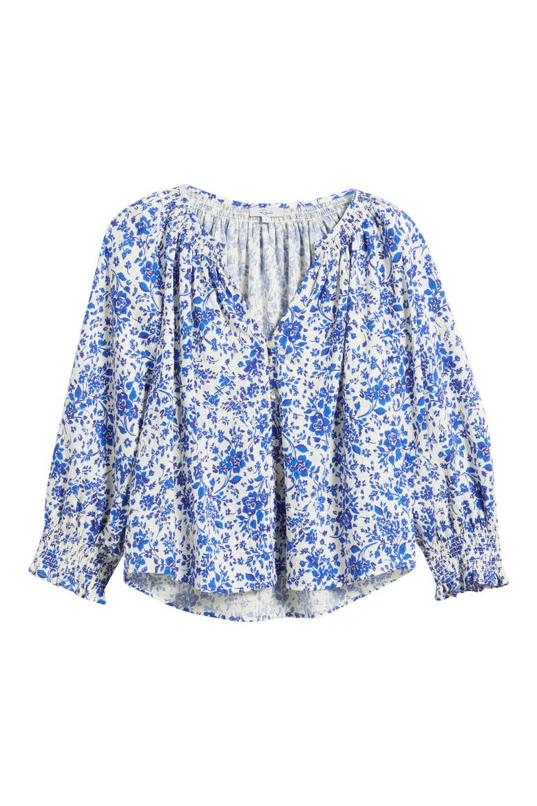 Mariah Floral Smocked Button-Up Peasant Top, Alternate, color, BLUE MARGUERITE