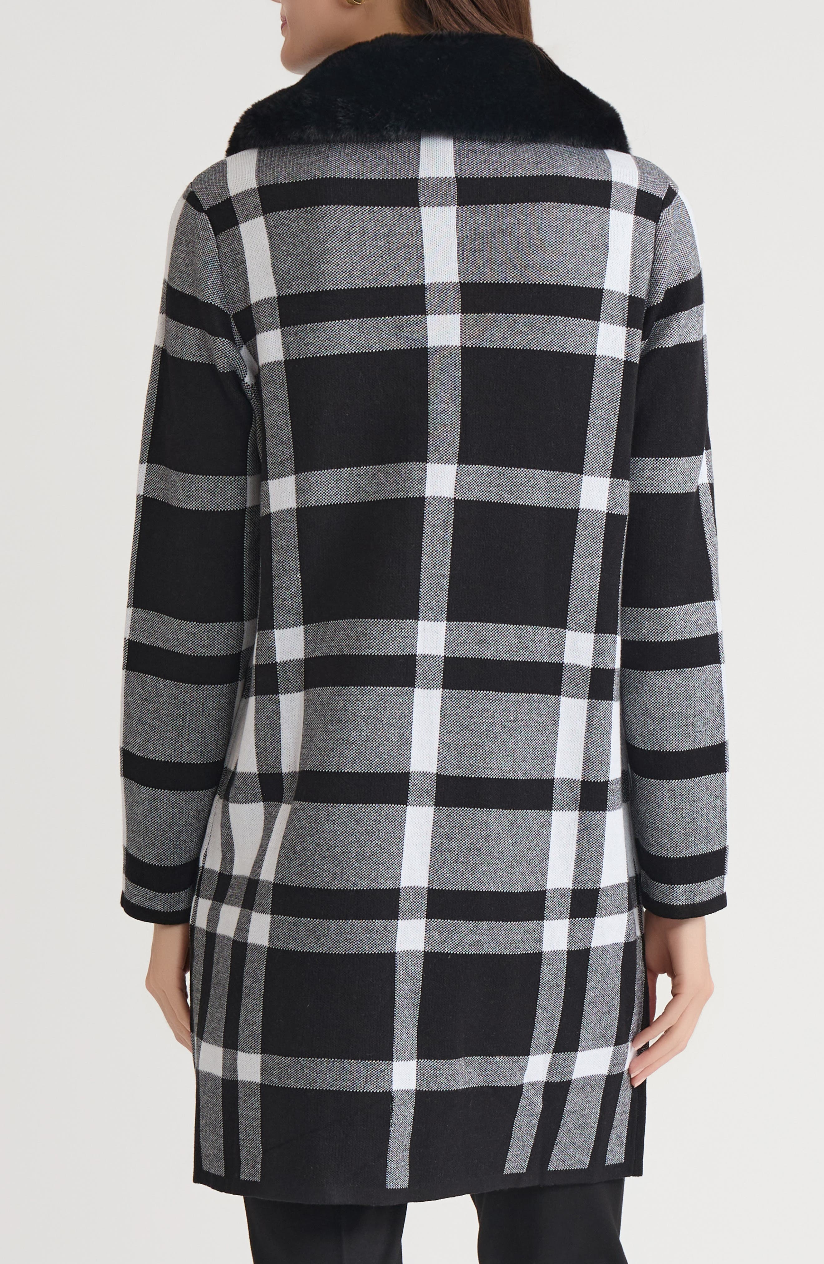 Plaid Coat with Faux Fur Collar - image 2