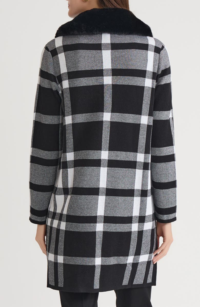 KASPER Plaid Coat with Faux Fur Collar, Alternate, color, Black/ White