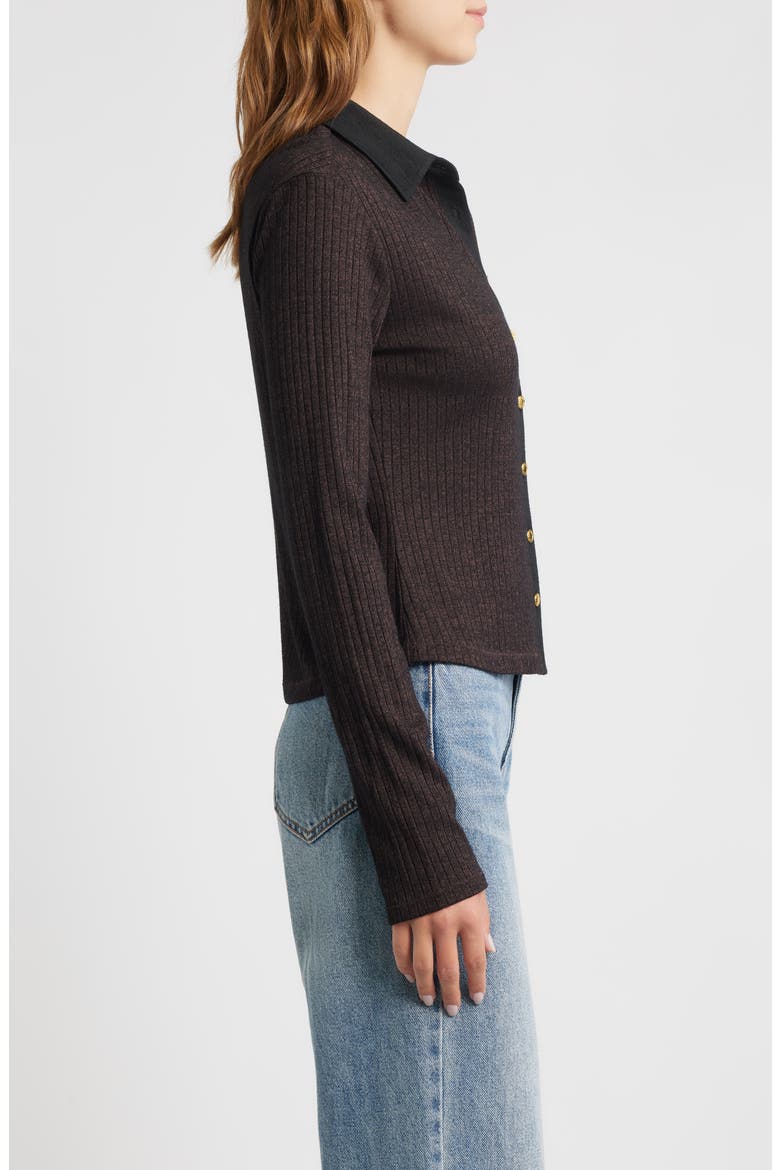 Contrast Trim Rib Button-Up Shirt, Alternate, color, DARK BROWN