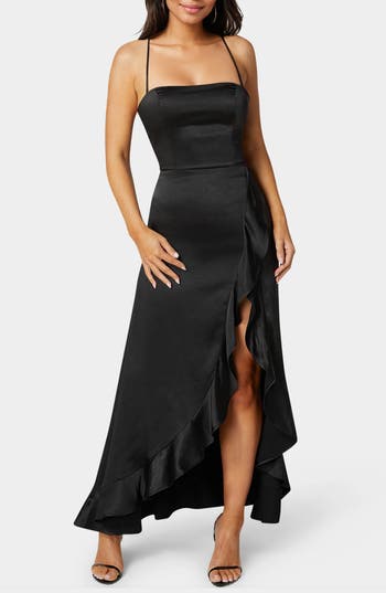 Bebe Lace-up Back Ruffle Satin Maxi Dress In Black
