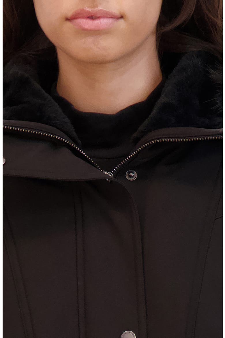 Belted Faux Fur Trim Hooded Coat, Alternate, color, BLACK