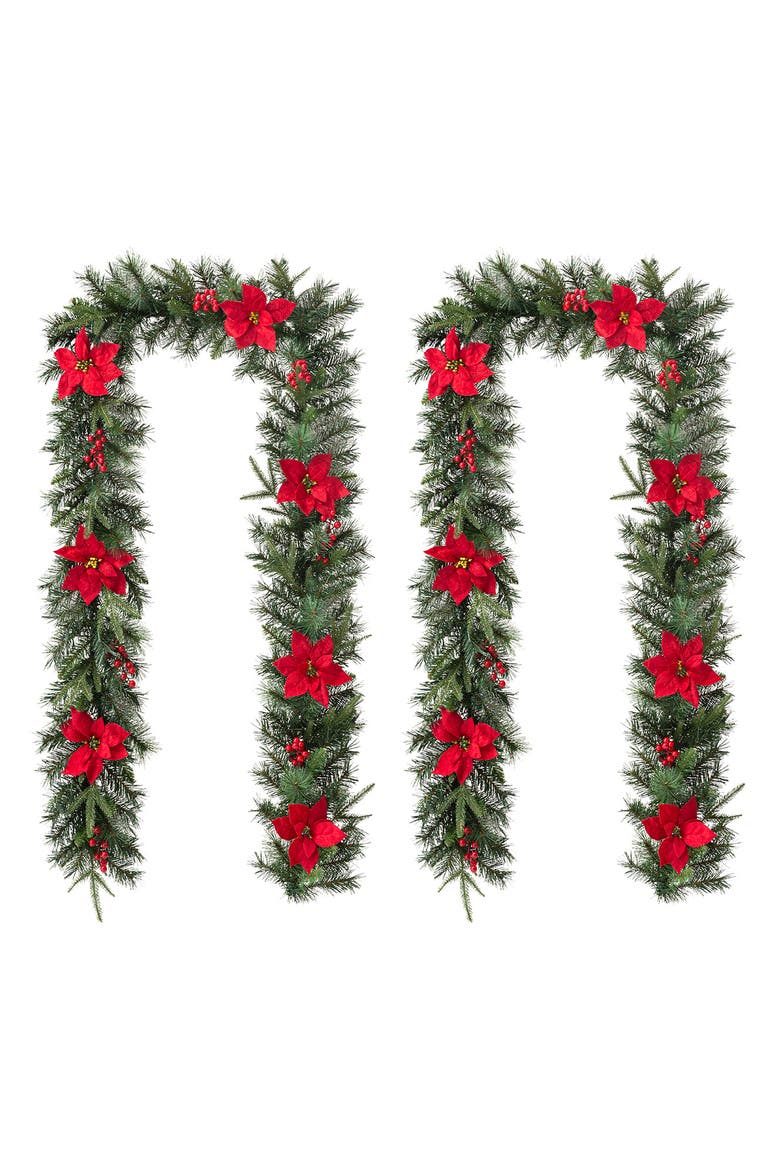 Set of 2 Pre-Lit Poinsettia Christmas Garland with Timer, Alternate, color, Red