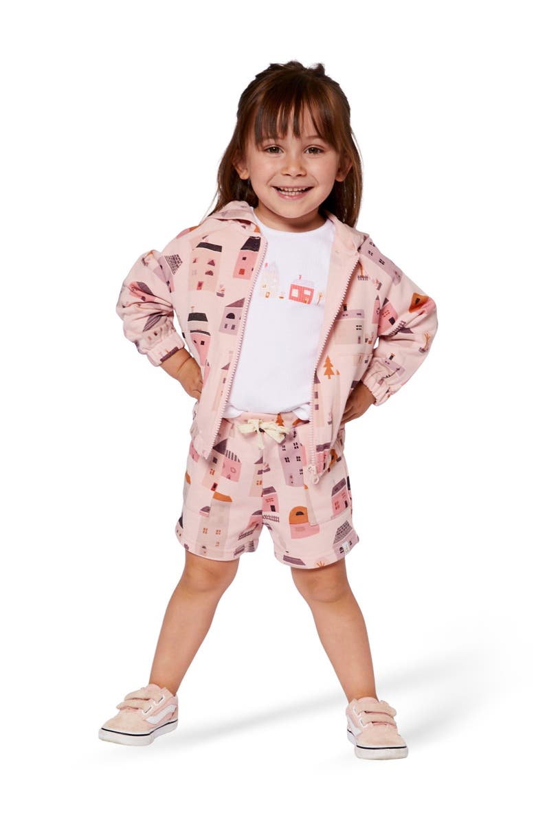 Deux par Deux Baby Girl's Printed French Terry Short Pink And Coral Houses, Alternate, color,