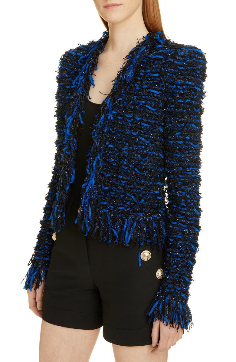 Balmain Glitter Fringe Tweed Jacket, Alternate, color, 