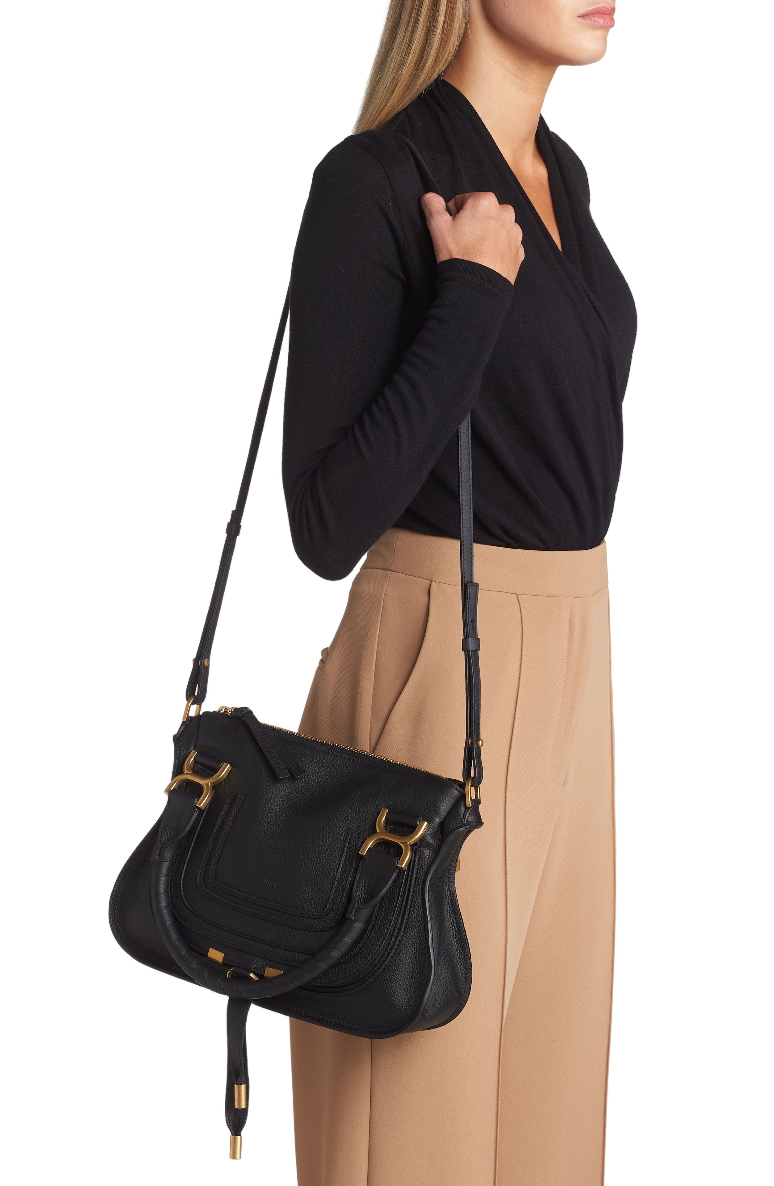 Chloé Small Marcie Leather Satchel, Alternate, color, Black