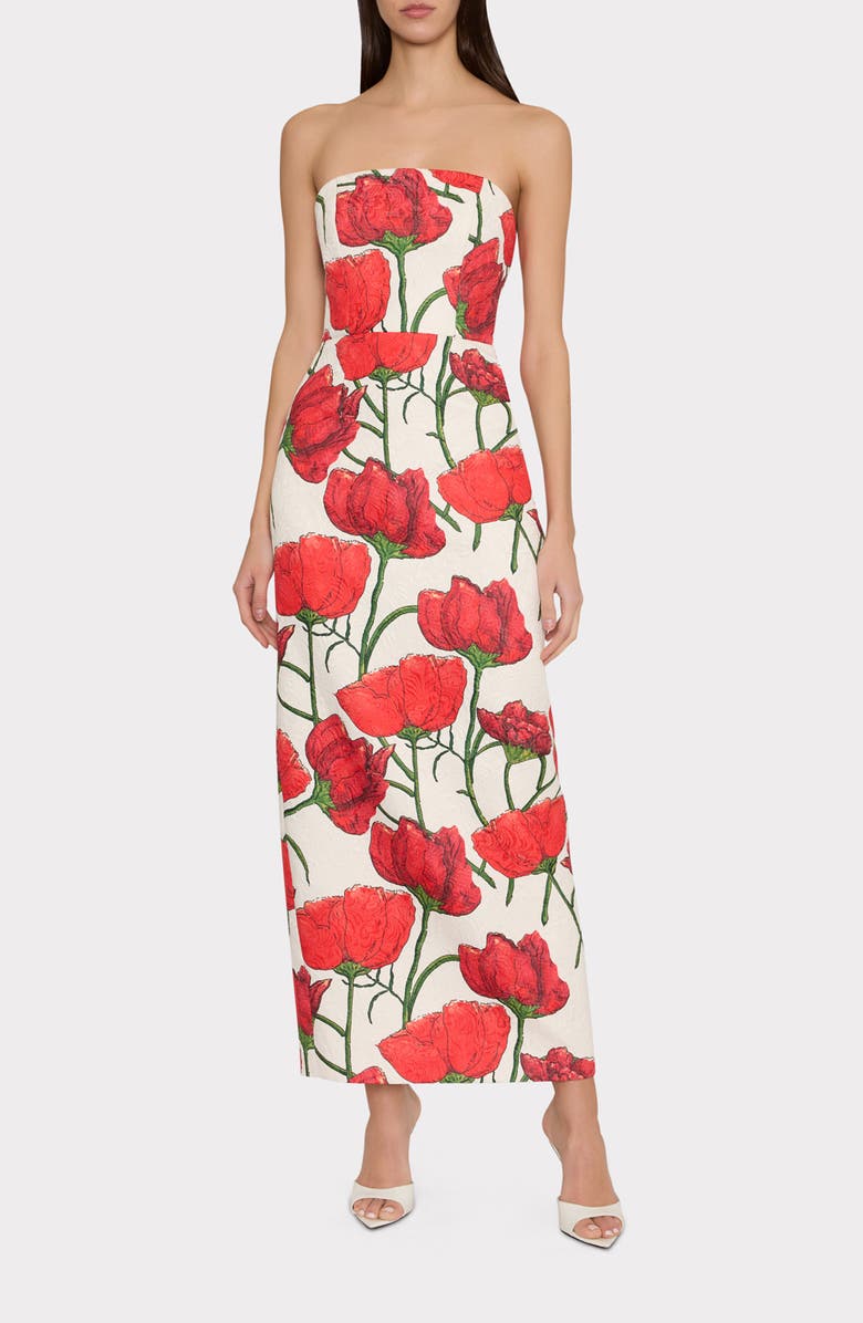 Milly Orion Red Peony Jacquard Strapless Dress, Main, color,