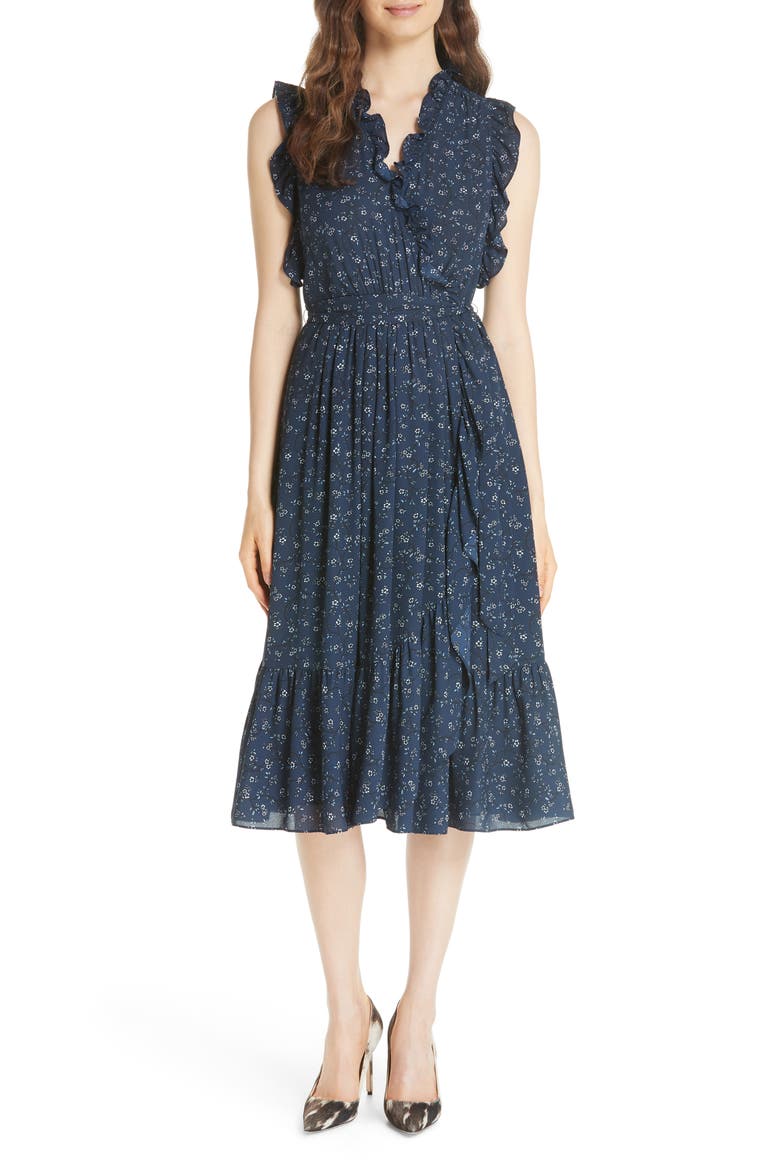 kate spade new york wild roses ruffled wrap dress, Main, color, ADRIATIC BLUE