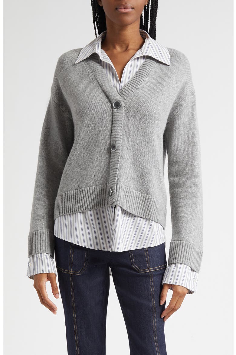 Megan Mixed Media Pullover Sweater, Main, color, HEATHER GREY/ BLUE STRIPE