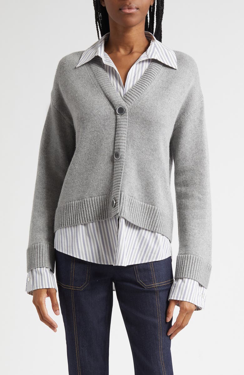 Cinq à Sept Megan Mixed Media Pullover Sweater, Main, color, Heather Grey/ Blue Stripe