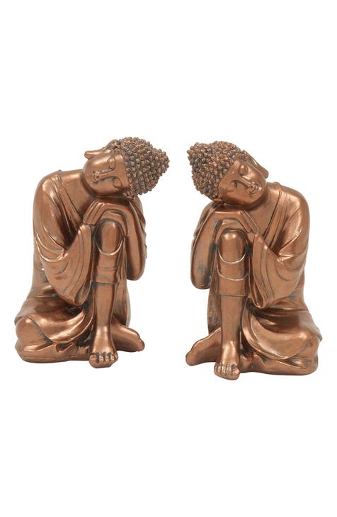 Bronzetone Polystone Buddha Sculpture with Engraved Carvings & Relief Detail - Set of 2