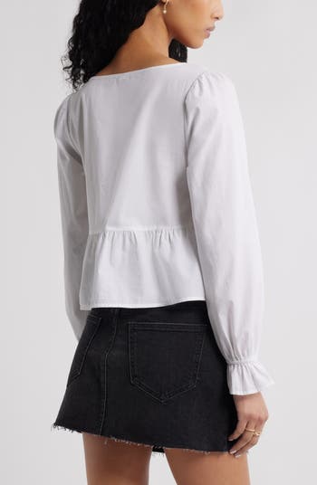 Tie Front Scoop Neck Cotton Poplin Peplum Top