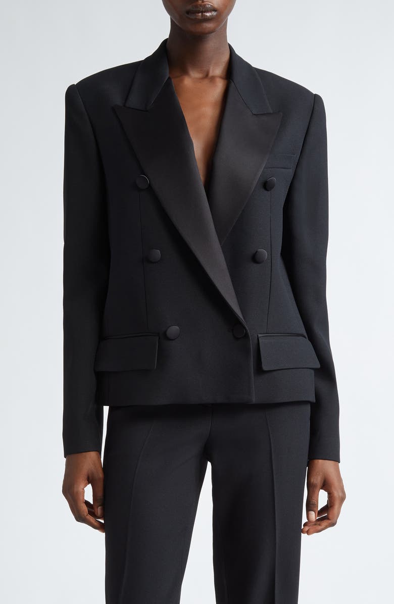 Michael Kors Collection Satin Trim Double Breasted Crepe Blazer, Main, color, 