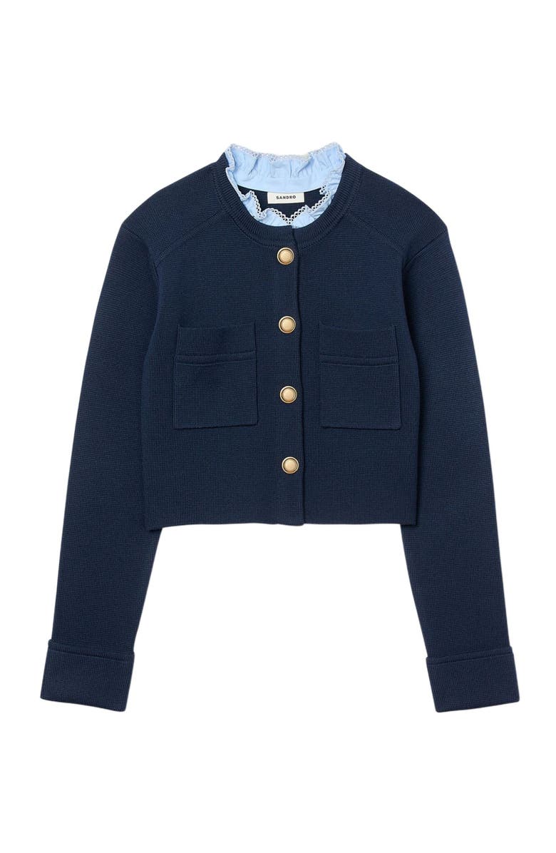 SANDRO Cardigan with detachable ruffle collar, Alternate, color, Navy Blue