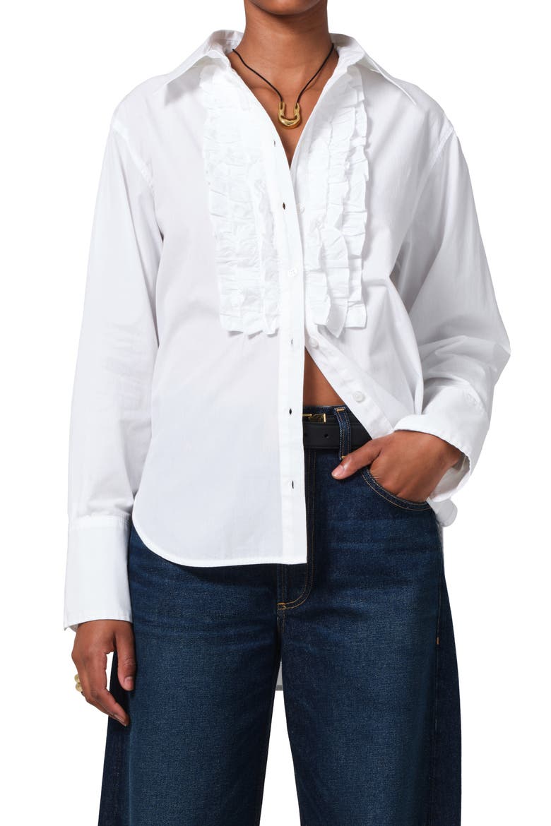 Ruffle Relaxed Fit Cotton Button-Up Shirt, Main, color, WHITE