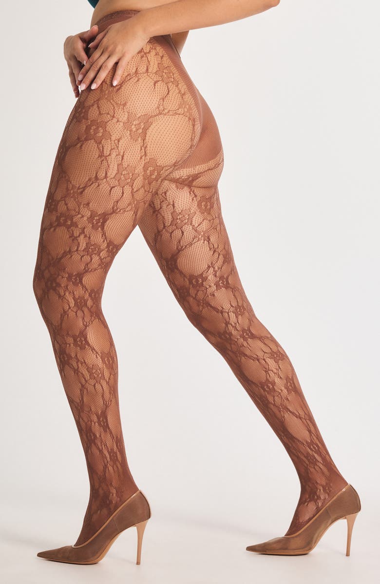 SAVAGE X FENTY Savage X Lace Floral Sheer Tights, Alternate, color, Brown Sugar Nude