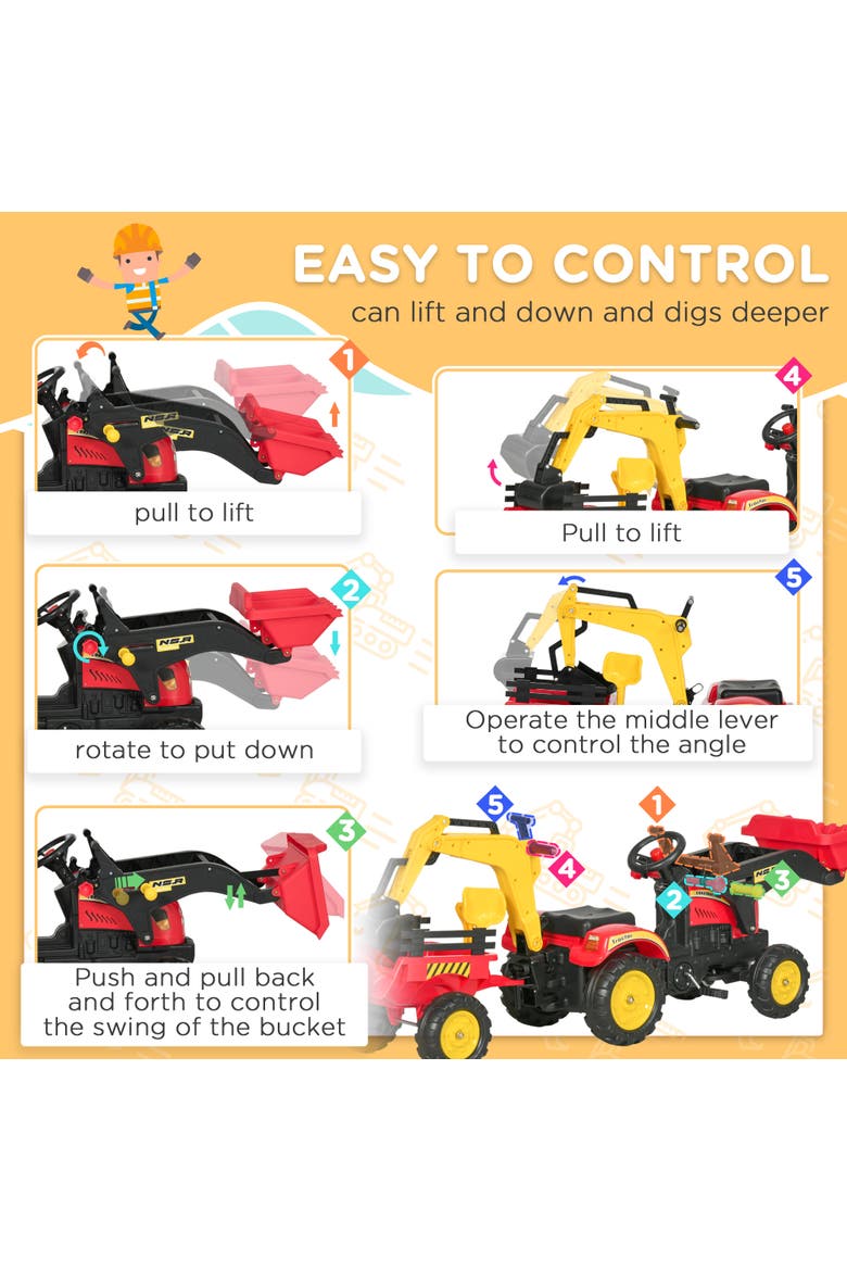 3 in1 Kids Ride On Bulldozer with 6 Wheels, Controllable Cargo Trailer, Easy Pedal, Alternate, color, Red