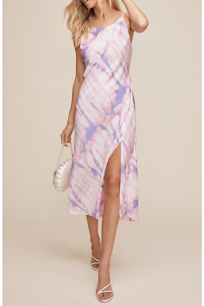 Bias Cut Sleeveless Satin Midi Dress, Alternate, color, PURPLE/ PINK TIE DYE