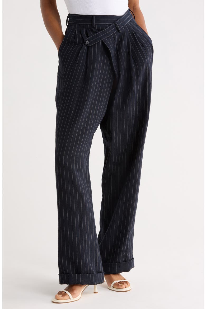 Triple Pleated Crossover Linen Pants, Main, color, DARK NAVY STRIPE BLUE