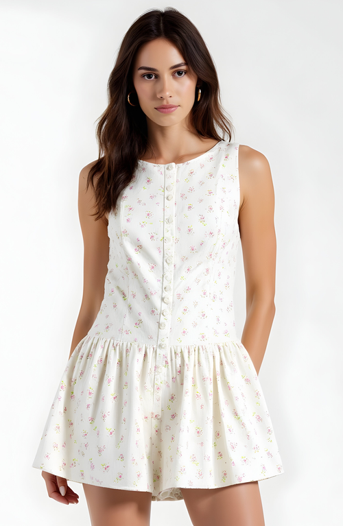 Modenaire Sleeveless Button-front Romper With Gathered Skirted Shorts And Floral Print In Multi