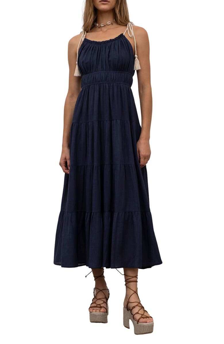 MOON RIVER Tie Strap Shirred Midi Dress, Alternate, color,